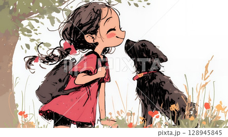 愛犬と散歩をしている女の子（クレヨン＋水彩画風）