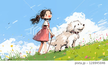 愛犬と散歩をしている女の子（クレヨン＋水彩画風）