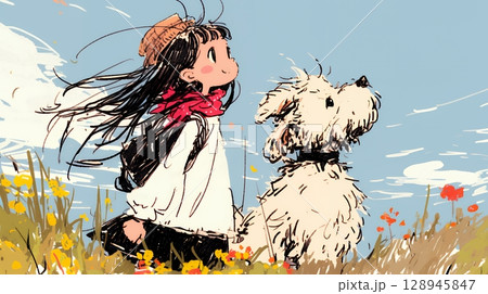 愛犬と散歩をしている女の子（クレヨン＋水彩画風）