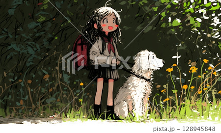 愛犬と散歩をしている女の子（クレヨン＋水彩画風）