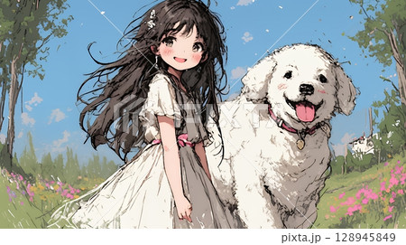 愛犬と散歩をしている女の子（クレヨン＋水彩画風）