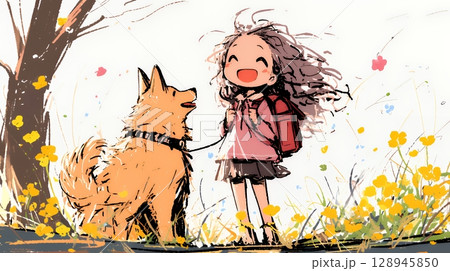 愛犬と散歩をしている女の子（クレヨン＋水彩画風）