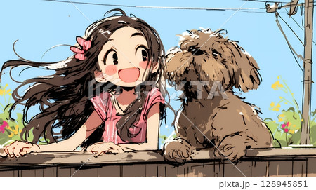 愛犬と散歩をしている女の子（クレヨン＋水彩画風）