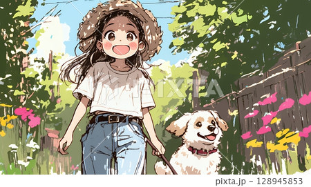 愛犬と散歩をしている女の子（クレヨン＋水彩画風）