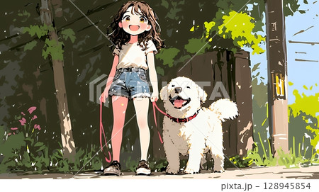 愛犬と散歩をしている女の子（クレヨン＋水彩画風）