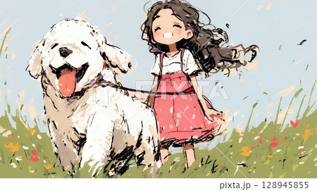 愛犬と散歩をしている女の子（クレヨン＋水彩画風）