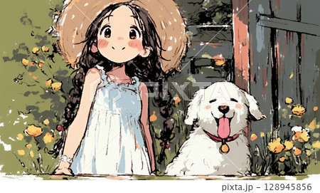 愛犬と散歩をしている女の子（クレヨン＋水彩画風）