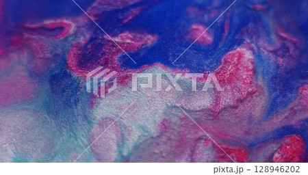 Sparkling blend. Ink emulsion. Defocused blue red purple colorful glitter water acrylic fluid spreading on abstract art background. Sparkling blend. Ink emulsion. Defocused blue red purple colorful glitter water acrylic fluid spreading on abstract art background. 128946202