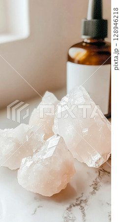 Pink quartz crystals on windowsill with cosmetics bottle, minimalist style 128946218