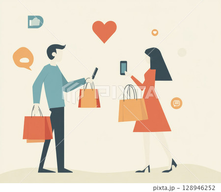 Ecommerce online shopping concept with two people exchanging goods 128946252