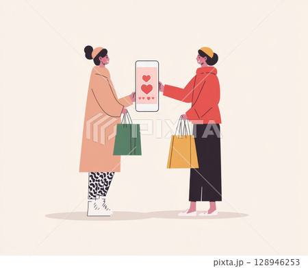 Ecommerce shopping concept with people holding bags by smartphone 128946253