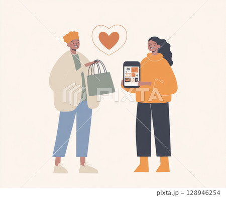 Ecommerce concept with couple shopping online via smartphone, heart icon above 128946254