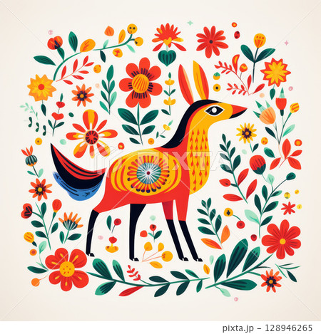 Ornate hand-drawn illustration of wildlife with deer and leaves, background 128946265