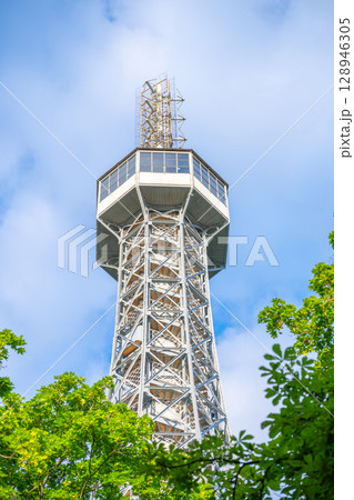 Petrin Lookout Tower rises above the lush greenery in Prague, offering stunning views of the city. Visitors can enjoy the intricate architecture while exploring the serene environment. Petrin Lookout Tower rises above the lush greenery in Prague, offering stunning views of the city. Visitors can enjoy the intricate architecture while exploring the serene environment. 128946305