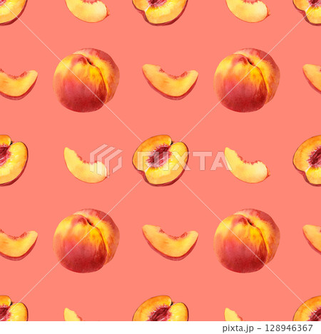Watercolor pattern with half peach without pit, peach slices, a ripe peachon a pink background 128946367