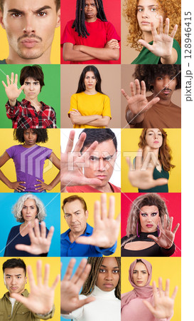Mosaic of multiethnic people gesturing stop with hand 128946415