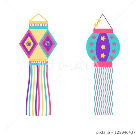 Festive Diwali illustration pack featuring lanterns in flat style. Deepavali vector illustration for banners, social media, cards Festive Diwali illustration pack featuring lanterns in flat style. Deepavali vector illustration for banners, social media, cards 128946437