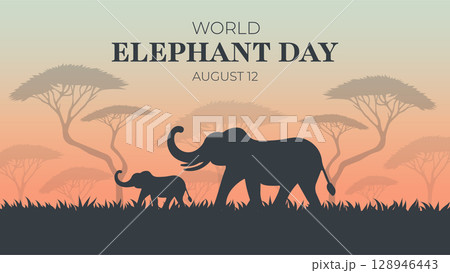 World Elephant Day Poster with Silhouettes in African Savannah Vector. 128946443