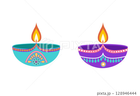 Festive Diwali set including diyas in flat style. Deepavali vector illustration for banners, posters and social media posts Festive Diwali set including diyas in flat style. Deepavali vector illustration for banners, posters and social media posts 128946444