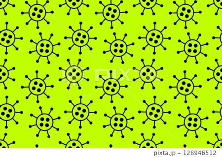 Bright seamless virus cartoon pattern. Pandemic green toxic danger background with drawing medical bacteria symbols. Vector illustration for fabric, design, print, wallpaper, cover, covid concept Bright seamless virus cartoon pattern. Pandemic green toxic danger background with drawing medical bacteria symbols. Vector illustration for fabric, design, print, wallpaper, cover, covid concept 128946512