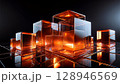 Transparent orange glass cubes on a reflective black surface with glowing edges. Futuristic 3D composition with symmetry and warm light. Clean, high-tech, abstract geometric design. 128946569