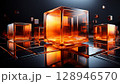 Transparent orange glass cubes on a reflective black surface with glowing edges. Futuristic 3D composition with symmetry and warm light. Clean, high-tech, abstract geometric design. 128946570