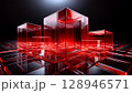 Futuristic 3D illustration of glowing transparent red cubes on a dark reflective surface. Abstract geometric composition with depth, light reflections, and a high-tech atmosphere 128946571