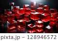 Futuristic 3D illustration of glowing transparent red cubes on a dark reflective surface. Abstract geometric composition with depth, light reflections, and a high-tech atmosphere 128946572