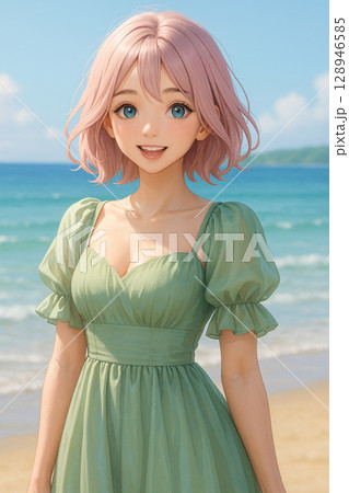 海辺で微笑む美女 128946585