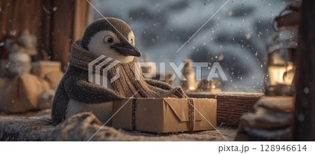 Penguin Unboxes Birthday Gift Scarf in Cozy Igloo with Snowfall Penguin Unboxes Birthday Gift Scarf in Cozy Igloo with Snowfall 128946614