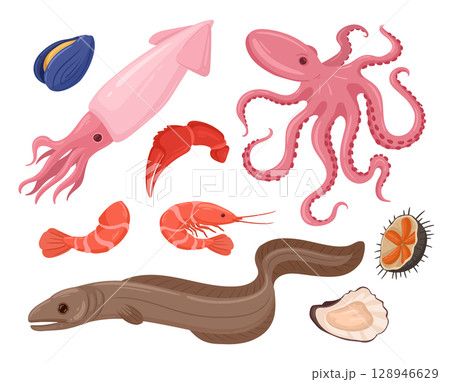 Cartoon raw sea food. Raw octopus, oysters and mussels, delicious ocean seafood flat vector illustration set. Colorful mediterranean diet food Cartoon raw sea food. Raw octopus, oysters and mussels, delicious ocean seafood flat vector illustration set. Colorful mediterranean diet food 128946629