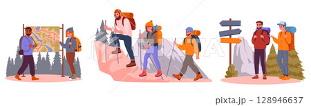 Hiking people. Active outdoor characters...のイラスト素材 [128946637] - PIXTA