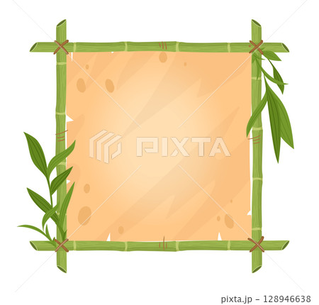 Jungle border with bamboo sticks. Bamboo wooden frame, bamboo plant with leaves frame flat vector illustration. Cartoon bamboo sign board on white Jungle border with bamboo sticks. Bamboo wooden frame, bamboo plant with leaves frame flat vector illustration. Cartoon bamboo sign board on white 128946638