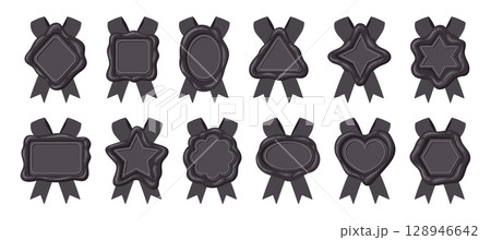 Vintage wax seal silhouettes. Monochrome wax stamps, postal wax seals with ribbons flat vector illustration set. Cartoon wax seal collection on white 128946642
