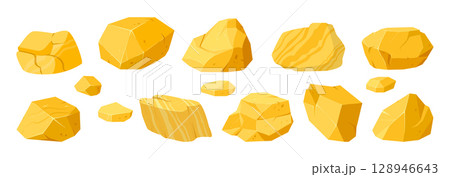Yellow golden nuggets. Gold shiny stones, jewel cobblestone nuggets flat vector illustration set. Cartoon golden treasure rocks on white 128946643
