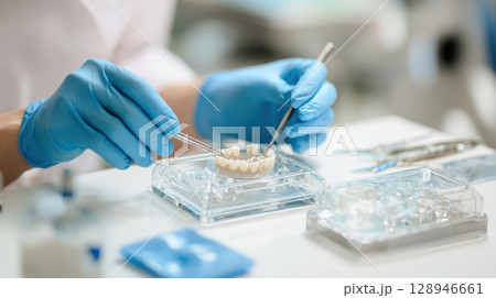 First-person View of Dental Impression Tray Preparation in Clinic Setting 128946661
