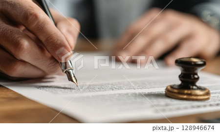 Loan Officer Reviewing Credit Application with Approval Stamp 128946674