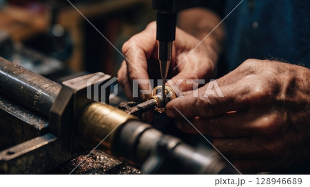 Jeweler's Hands Measuring Ring Size with Mandrel Tool in Workshop 128946689