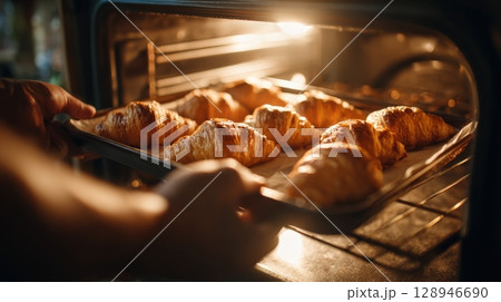 First-Person View of Removing Freshly Baked Croissants from Oven 128946690