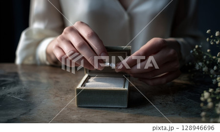 Elegant Jewelry Placement in Velvet Box from First-Person Perspective 128946696