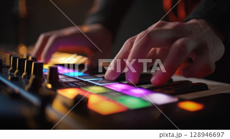 First-Person View of Hands on Synthesizer Pad with Colorful LED Feedback 128946697
