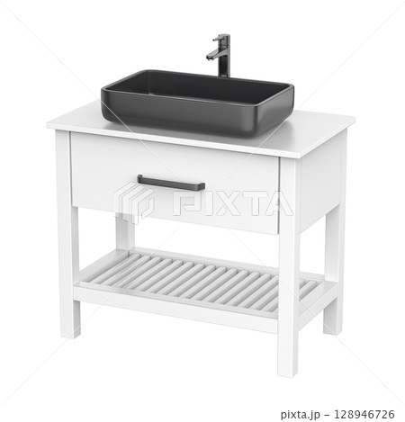 White wash basin cabinet with black sink and faucet White wash basin cabinet with black sink and faucet 128946726