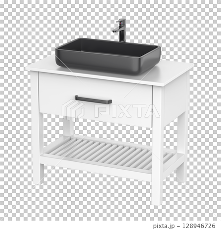 White wash basin cabinet with black sink and faucet White wash basin cabinet with black sink and faucet 128946726