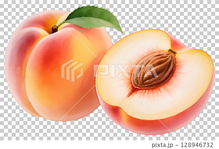 watercolor illustration of isolated peaches with leaves 128946732