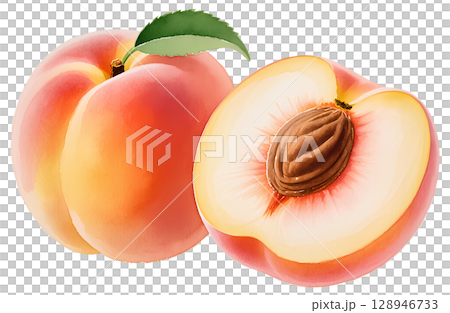 watercolor illustration of isolated peaches with leaves 128946733