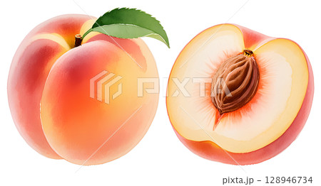 watercolor illustration of isolated peaches with leaves 128946734