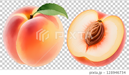 watercolor illustration of isolated peaches with leaves 128946734