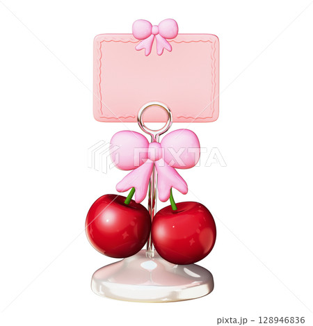 Cherry Coquette Clipart 3D Illustration on Transparent Background Cute Pink Bows & Red Cherries, Girly Aesthetic Element 128946836