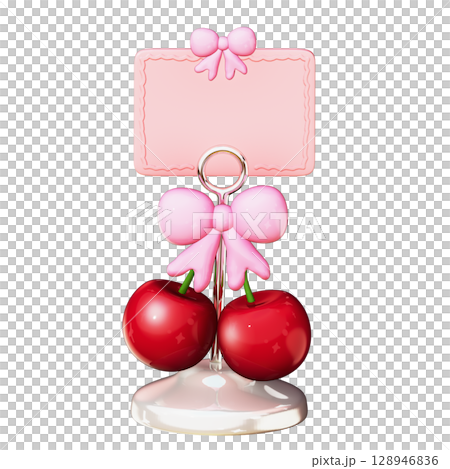 Cherry Coquette Clipart 3D Illustration on Transparent Background Cute Pink Bows & Red Cherries, Girly Aesthetic Element 128946836