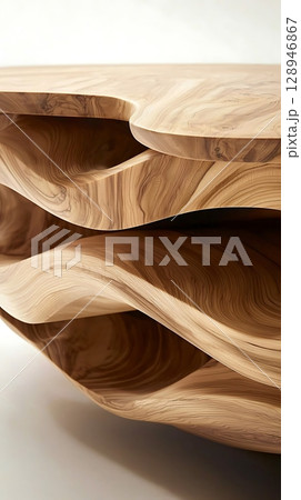 A wooden table with a wave-like design 128946867